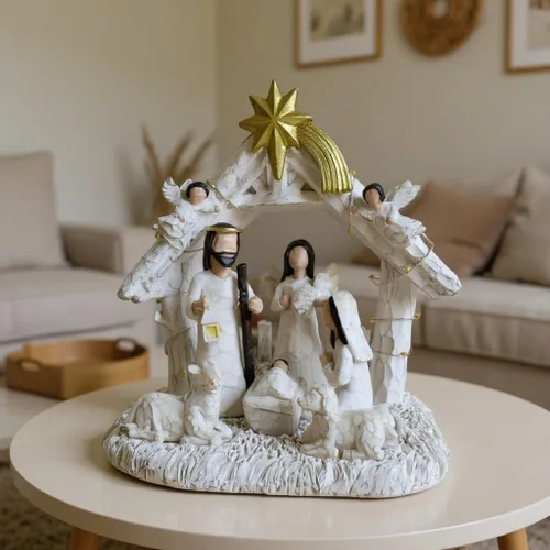 Vista 6 de Conjunto de Natividad para Interior – Escena de Nacimiento con Pesebre, Conjuntos y Figuras de Nacimiento de Navidad con Luces LED, Decoraciones