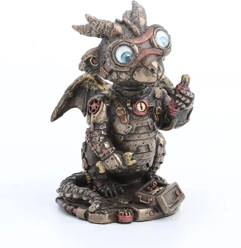 Vista 2 de Veronese Design Steampunk Dragon Tinkerer con gafas de engranaje mecánico Figura de resina acabado bronce