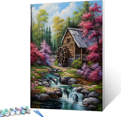 Vista 14 de Tucocoo Pintura de cabaña forestal por números para adultos, kits de pintura al óleo digital sobre lienzo con pinceles y pigmento acrílico, rueda