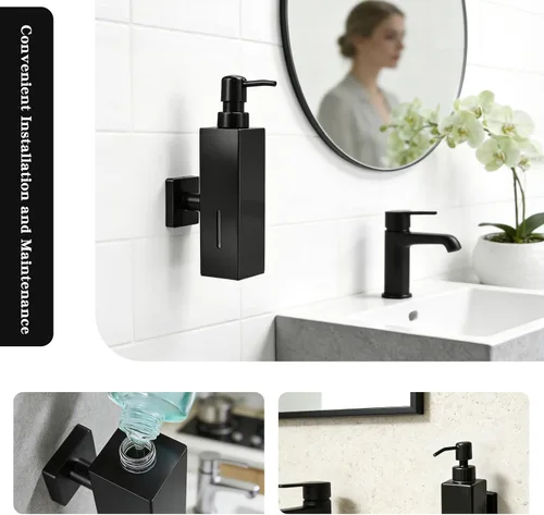 Vista 6 de Dispensador de jabón negro, dispensador de jabón líquido de acero inoxidable 304 montado en la pared para cocina y baño
