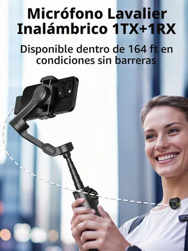 Vista 2 de AOCHUAN Estabilizador de cardán para iPhone y Android, cardán de teléfono de 3 ejes con micrófono de solapa inalámbrico, poste de extensión Negro