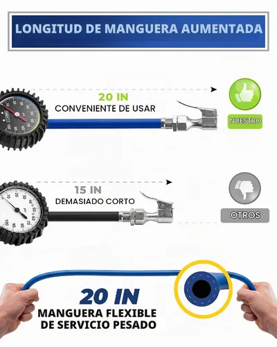 Vista 6 de Inflador de neumáticos con manómetro y manguera más larga, portabrocas de aire más preciso y resistente con medidor para compresor de aire