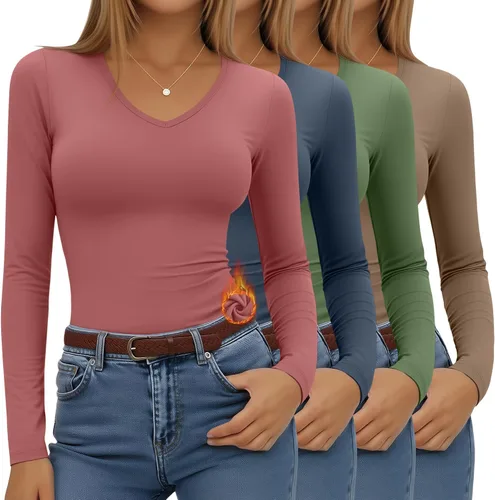 Vista 20 de Paquete de 4 camisas térmicas de manga larga para mujer, con forro polar, cuello en V, ropa interior ajustada, capa base, básica, tops cálidos