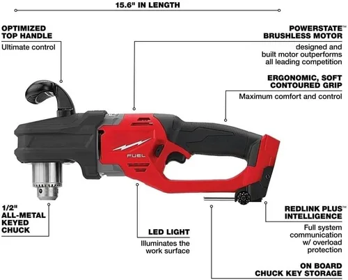 Vista 2 de 2807-20 para Milwaukee M18 1/2 "Power Right Angle Drills - Herramienta desnuda Longitud: 15.6 pulgadas, altura: 6.5 pulgadas, ancho: 3.7 pulgadas