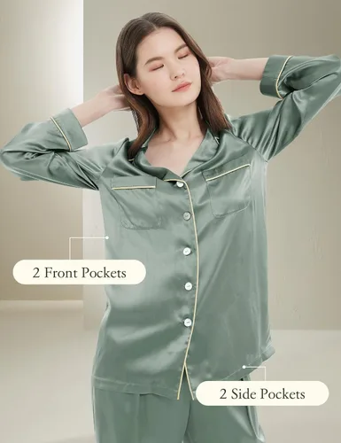 Vista 4 de LilySilk Pijama de seda para mujer, con ribete dorado, 100% seda, lavable Verde aguacate