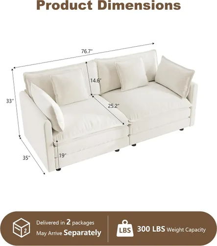 Vista 2 de 76.7" Cloud Couch for Living Room, Deep Seat Loveseat Sofa, Beige Breathable Chenille, 2-Seats Couch for Apartment Small Spaces, Pocket Spring