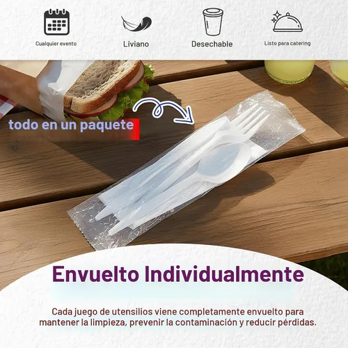 Vista 3 de MT Products Cubiertos envueltos individualmente de plástico, juego de cubiertos desechables, paquete de 50