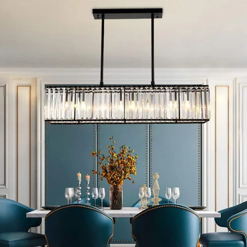 Vista 5 de Siljoy Candelabro rectangular moderno de cristal, 5 luces, color negro, rectangular, con forma de gota de lluvia, lámpara de techo colgante lineal