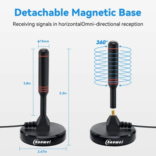 Vista 4 de Chaowei Antena digital HDTV con base magnética, cable coaxial HDTV de 16.5 pies, antena de TV portátil para interiores y exteriores para 4K 1080p