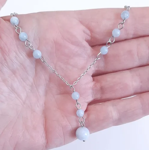 Vista 2 de Natural Crystal Bead Aquamarine Stone Y Shaped Lariat Necklace Non-Tarnish Steel Chain