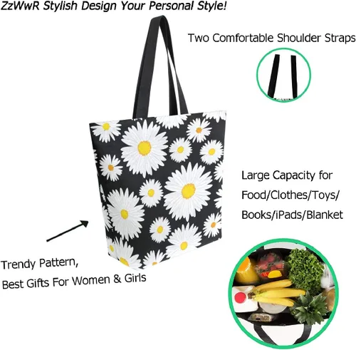 Vista 2 de Elegante bolsa de hombro extragrande con estampado para viajes a la playa, fin de semana, gimnasio, compras de comestibles.., Daisy Flower, Casual