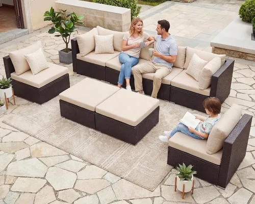 Vista 41 de NICESOUL Juego de muebles de patio de ratán extra grande con mesa para fogata de gas y propano, 29.3 pulgadas, respaldo alto, cómodos conversaciones