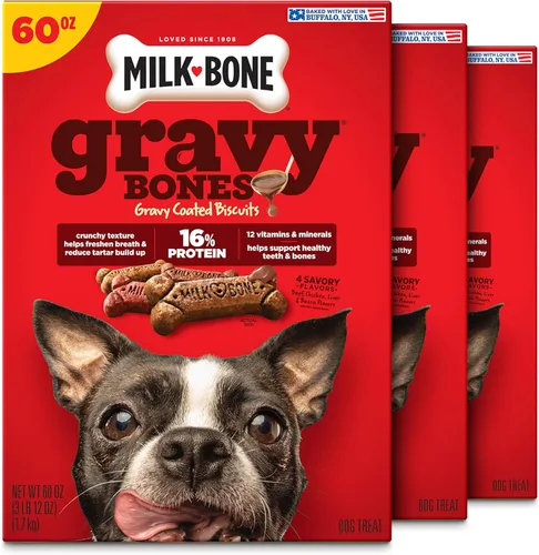 Vista 11 de Milk-Bone Gravy Bones - Golosinas para perros con 4 sabrosos sabores de carne recubiertos en salsa, 7 libras