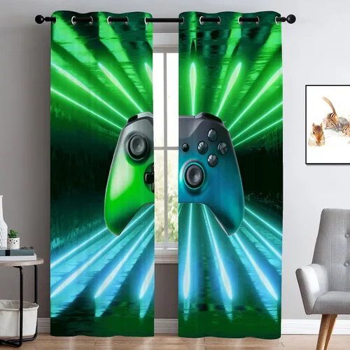 Vista 3 de Cortinas de ventana de gamepad verde y azul, cortinas modernas para ventana de jugador, tratamiento de ventana de juegos para jugadores, aislamiento