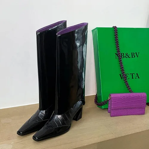 Vista 2 de Vertundy Botas altas hasta la rodilla para mujer, botas largas plegables, botas altas gruesas de pantorrilla ancha, botas altas con punta cuadrada