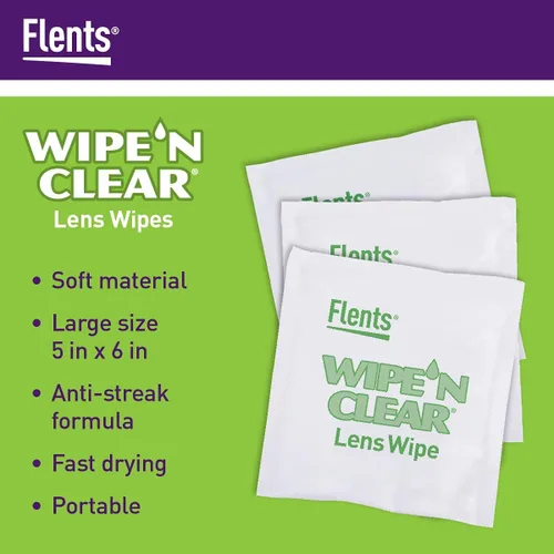 Vista 5 de Flents Wipe'N Clear Toallitas de limpieza biodegradables para lentes, envueltas individualmente, productos ecológicos, 20 unidades, fabricadas