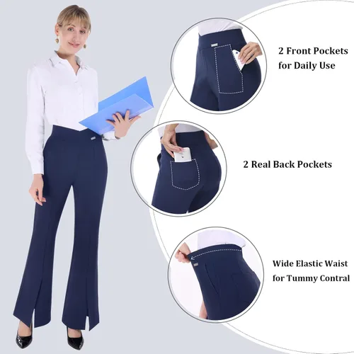 Vista 3 de PUWEER Pantalones acampanados para mujer, de cintura alta, casuales, de negocios, pantalones de trabajo con bolsillos