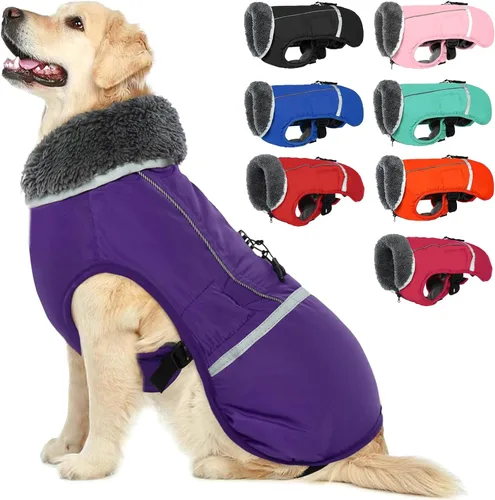 Vista 7 de QBLEEV Abrigo cálido para perro, chaqueta de invierno reflectante, impermeable, resistente al viento, ropa de cuello alto para perro para clima