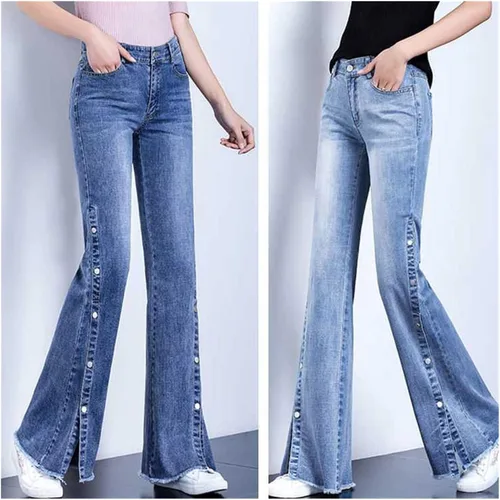 Vista 6 de BBSJ - Pantalones de mezclilla acampanados para mujer, para primavera y otoño, con abertura lateral, cintura alta, acampanados, pantalones de mujer
