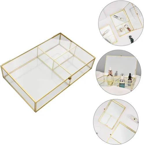 Vista 5 de Beavorty Caja de almacenamiento de joyas, elegante recipiente de vidrio transparente con cubierta para collares, aretes, lápices labiales, vitrina