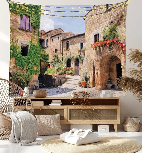Vista 7 de Lunarable Tapiz de la Toscana, calles italianas en el campo, casas de ladrillo tradicionales con estampados antiguos toscanos, decoración de tela