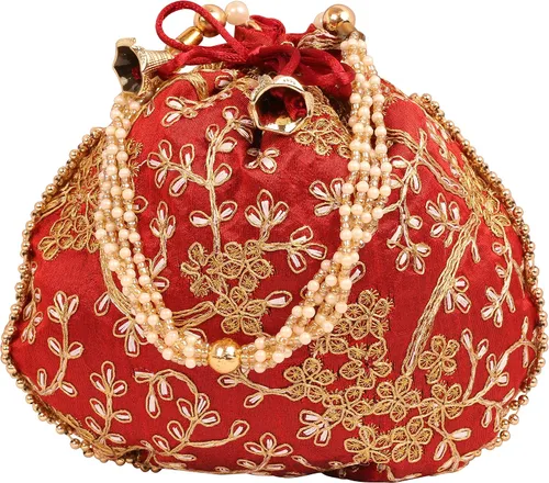Vista 3 de Touchstone Bolsa tradicional india bordada a mano, regalos de compras, joyería de boda, perlas de imitación, cuerdas, bolsa con cordón para mujer.