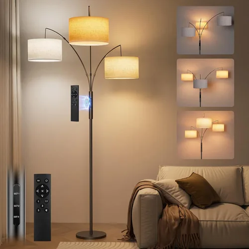 Vista 9 de SIBRILLE Lámpara de pie de arco RGB de 36 W con 3 pantallas de tela blanca, lámpara de pie súper brillante de 3000 lm con control remoto y táctil