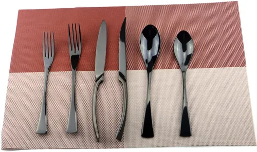 Vista 2 de Juego de cubiertos de acero inoxidable negro pulido con espejo, cuchillo de carne, tenedor, tenedor de ensalada, cuchara de postre, 24 piezas
