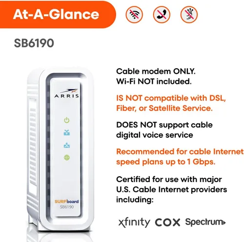Vista 5 de ARRIS (SB6190) - Módem de cable - Módem Gigabit DOCSIS 3.0 32x8, [Consulta con tu proveedor la compatibilidad] 1 Puerto Gbps, Velocidad máxima