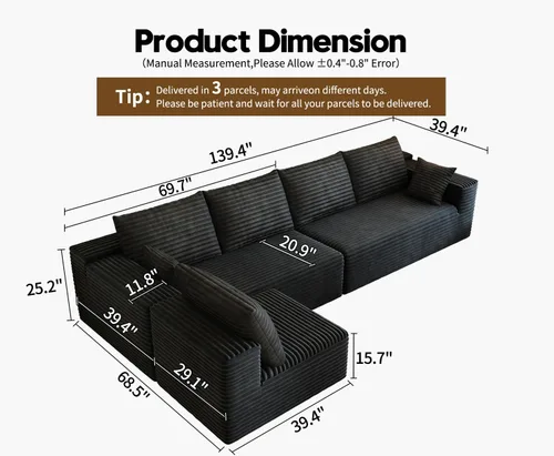 Vista 2 de Sofá modular modular de 139.4 pulgadas, sofás minimalistas en forma de L con diván de asiento medio, moderno sofá convertible de asiento profundo