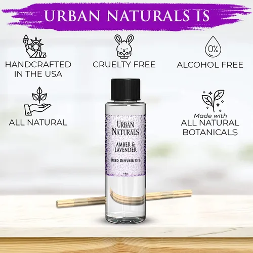 Vista 3 de Urban Naturals Recambio de aceite difusor de varillas ámbar y lavanda, lavanda relajante, ámbar cálido, aroma calmante para habitación, 4 onzas +