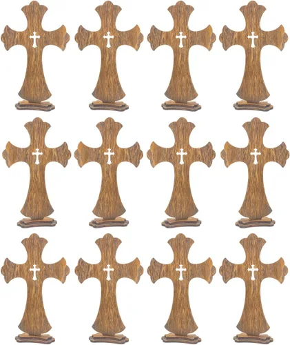 Vista 7 de Cruzes de pie de madera marrón de 9 pulgadas, paquete de 12, cruz de mesa rústica de madera para centros de mesa de bautismo, decoración de iglesia
