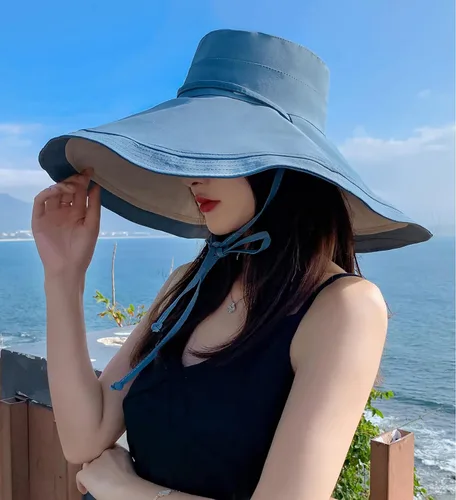 Vista 7 de Sombrero de sol de ala súper ancha para mujer, de algodón, plegable, reversible, con borde con cable, protección UV, verano, playa, viajes, jardín