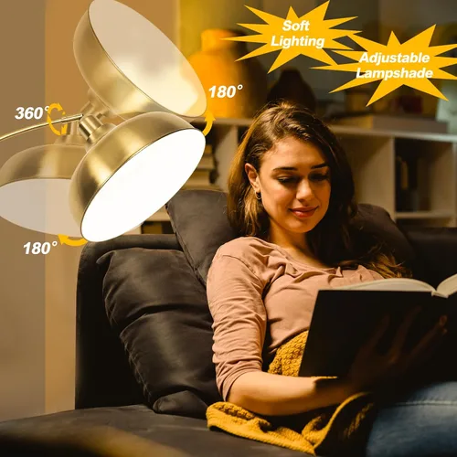 Vista 2 de Lámparas de pie doradas para sala de estar - Lámparas de pie de arco con bombilla de 9W, pantalla de metal ajustable 360°, lámpara de pie regulable