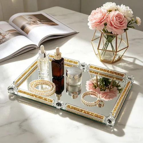 Vista 3 de Bandeja de cristal dorado, 11.8 x 7.9 pulgadas, bandeja decorativa de cristal para exhibición de perfumes cosméticos para una hermosa encimera