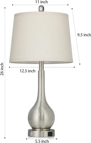 Vista 7 de Juego de 2 lámparas de mesa de metal plateado de 26 pulgadas para dormitorios, lámparas de noche con control táctil para mesita de noche con puerto