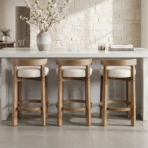 Vista 23 de LukeAlon Mid Century Linen Taburete Individual de Mostrador, Tapizado de 26.5" de Altura de Asiento, Taburetes Bajos con Patas de Madera Natural