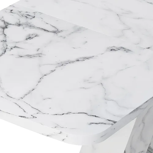 Vista 5 de Mesa de comedor de mármol blanco para 6, moderna mesa de comedor extensible con base en forma de X, mesa de comedor rectangular de mármol sintético