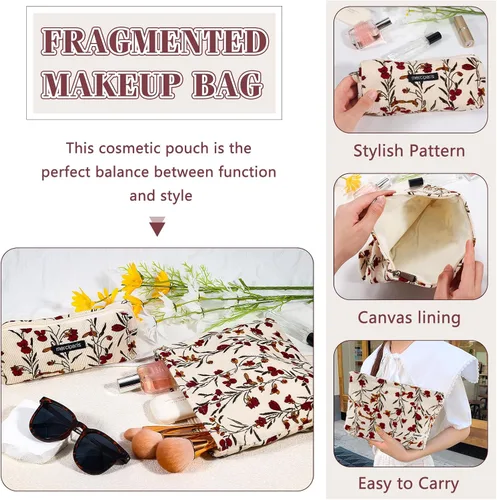 Vista 6 de Juego de 2 bolsas de maquillaje de flores con diseño floral para viajes para mujeres y niñas, bolsa de maquillaje grande con cremallera pequeña