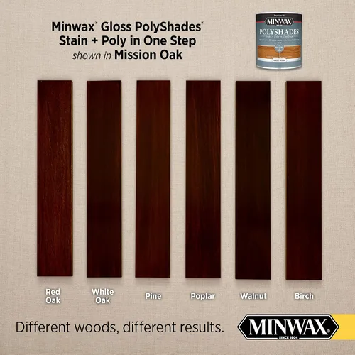 Vista 2 de Minwax PolyShades Tinte de Madera + Acabado de Poliuretano – Cuarto, Roble Misión, Brillo Mission Oak