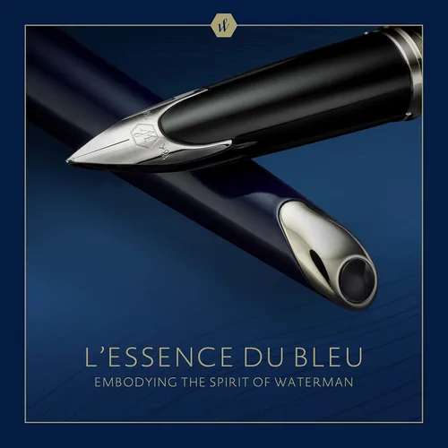Vista 2 de Waterman Carène - Pluma estilográfica, metal y laca azul, tapa cincelada, punta mediana de oro de 18 quilates, tinta azul, caja de regalo