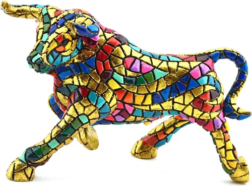Vista 4 de Figura decorativa Toro en mosaico dorado de resina pintada a mano con la Técnica Modernista TRENCADIS, en estilo Gaudí. 2.6 in x 5.3 in x 3.7 in