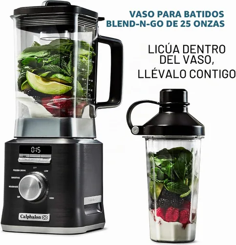 Vista 3 de Calphalon Licuadora Auto-Speed de 68 onzas con vaso para batidos Blend-N-Go y tarro Tritan sin BPA Base de 1100 W, acero inoxidable oscuro