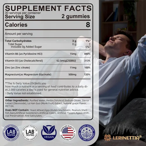 Vista 2 de Glicinato de magnesio 500 mg/250 mg para adultos adolescentes - Plus D3, B6 y zinc - Gomitas de glicinato de magnesio, alta absorción, apoyo