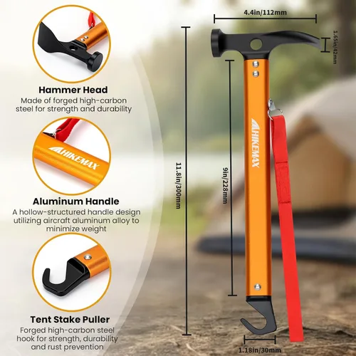 Vista 2 de Martillo ligero para acampar al aire libre, martillo de aluminio para tienda de campaña con removedor de estacas de tienda, 13 onzas Naranja