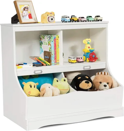 Vista 10 de Costzon Organizador de almacenamiento de juguetes, estantería para niños de 4 compartimentos con estribo y tarjeta de nombre, estantería de madera