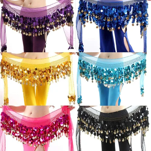 Vista 7 de Pañuelo para danza del vientre, falda para danza del vientre, monedas de lentejuelas brillantes, disfraces de bailarina del vientre para mujer