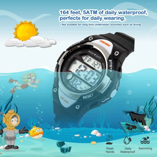 Vista 4 de Reloj digital deportivo para niños y niñas, resistente al agua, relojes electrónicos con alarma LED, cronómetro