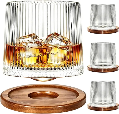 Vista 11 de Vaso de vidrio antiguo giratorio, 275ml/10oz Juego de vasos de whisky de cristal de 2 piezas, posavasos de madera, engrosamiento, utilizado como