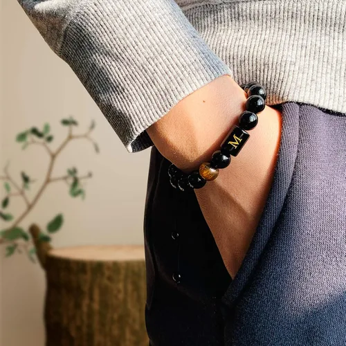 Vista 65 de SUMMER LOVE Regalos para el Día del Padre, pulsera con inicial de piedra de ónix negro de 0.394 pulgadas para hombres, pulsera de cuerda trenzada